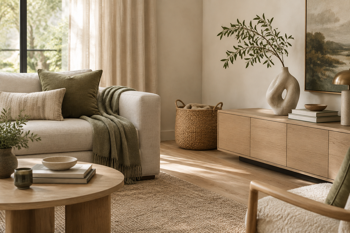 A thoughtfully styled modern living room corner with a sculptural vase, leafy branch, woven basket, soft pillow, and natural textures