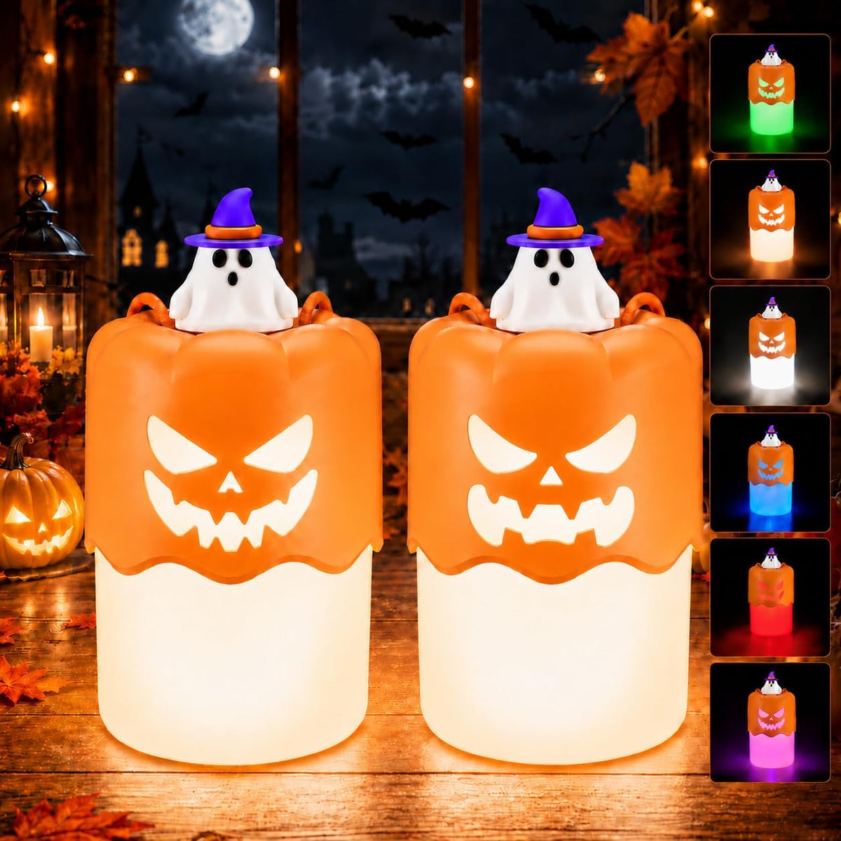 Rechargeable Halloween Pumpkin Lantern Light Collapsible Jack O Lantern 2 Pack | Witch Orange