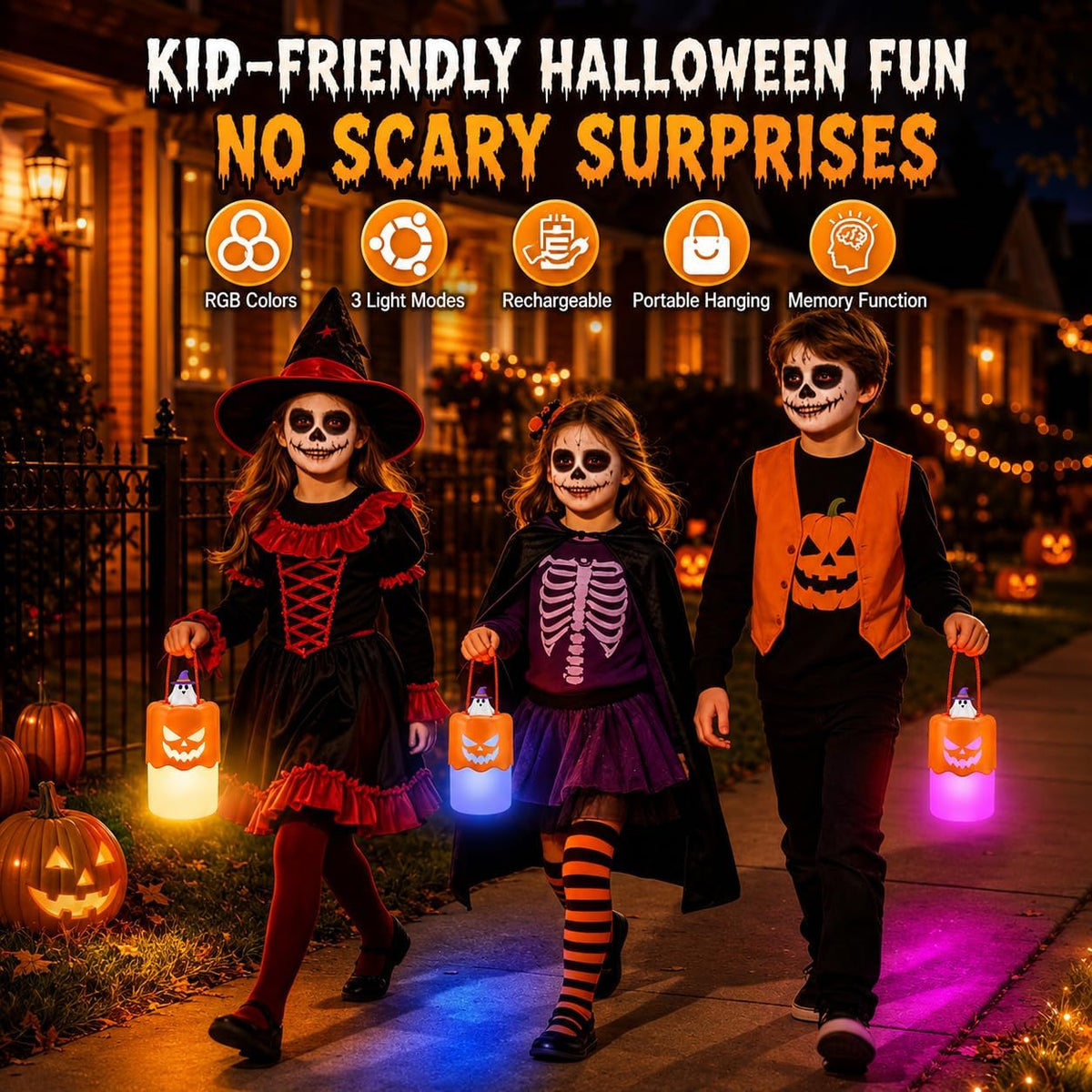 Rechargeable Halloween Pumpkin Lantern Light Collapsible Jack O Lantern 2 Pack | Witch Orange