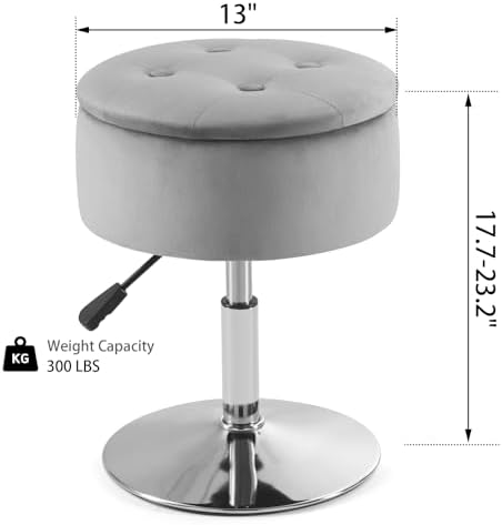 Gitrah Grey Vanity Stool Chair with Storage Swivel Adjustable Makeup Stool - Image 3