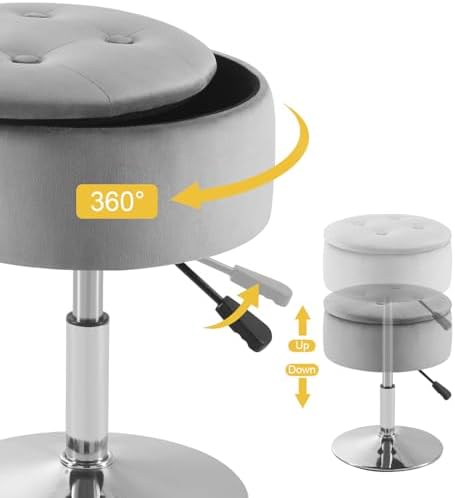 Gitrah Grey Vanity Stool Chair with Storage Swivel Adjustable Makeup Stool - Image 5