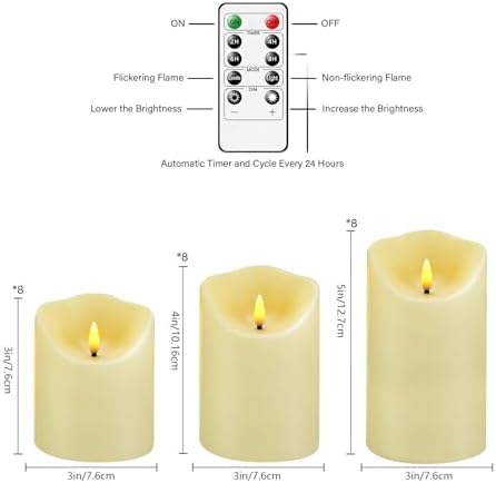 Nimiko Flameless Candles with Remote, Battery Operated Flickering Flameless Candles, LED Candles with Timer 2/4/6/8H, with Realistic LED Candles Set of 24 (D3 x H 3" 4" 5") (Ivory) - Image 2