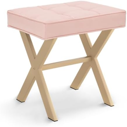 LUE BONA Vanity Stool, Square Linen Makeup Stool with Metal X Legs, Small Ottoman Stool Chair for Vanity, Modern Padded Vanity Seat Foot Rest Stool for Makeup Room, Bathroom, Pink Color - Image 3