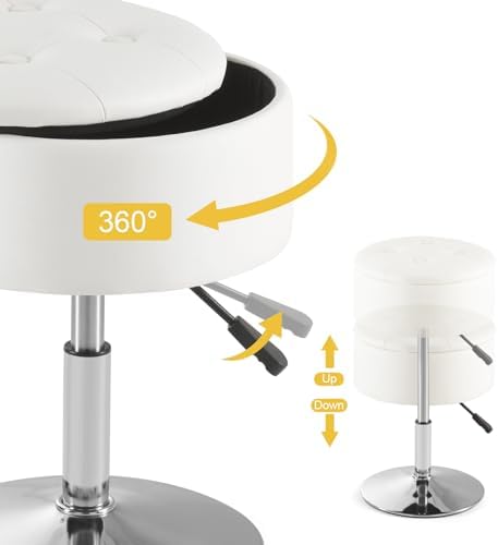 Gitrah White Vanity Stool Chair with Storage Swivel Adjustable Makeup Stool - Image 6