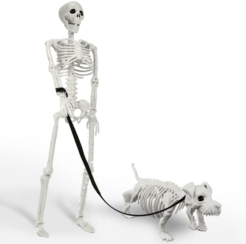 Lighted Human & Dog Skeleton Halloween Decorations Outdoor/Indoor - 36 Inch Realistic Full Body Movable Posable Skeleton Spooky Halloween Decor for Garden Yard Porch Party Haunted Graveyard by IDEAALS