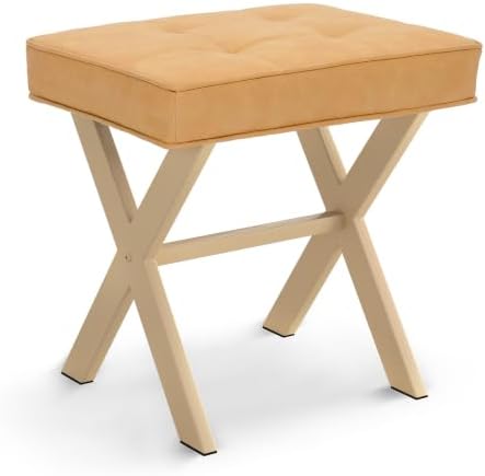 LUE BONA Vanity Stool, Square Linen Makeup Stool with Metal X Legs, Small Ottoman Stool Chair for Vanity, Modern Padded Vanity Seat Foot Rest Stool for Makeup Room, Bathroom, Honey Brown Color - Image 3