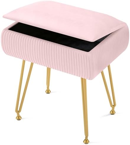 Marching Pin Vanity Stool Chair with Storage, Ottoman Faux Fur Soft Padded Makeup Footstools Seat with 4 Metal Legs Anti-Slip Adjustable Feet Modern Cute Small Footrest for Home Entryway Bedroom by MarchingPin