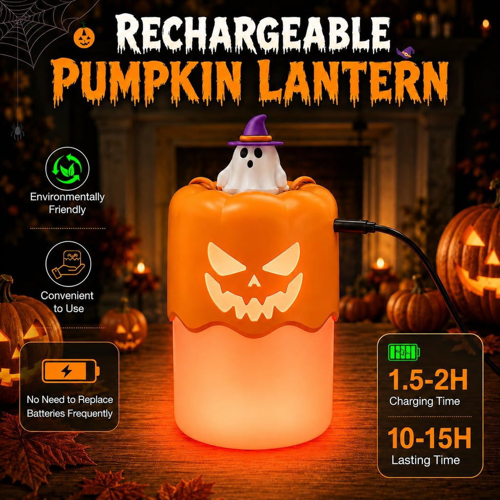 Rechargeable Halloween Pumpkin Lantern Light Collapsible Jack O Lantern 2 Pack | Witch Orange