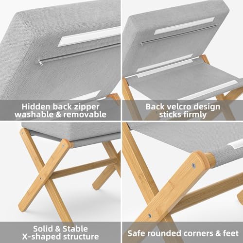 BAMBOOHOMIE Foldable Foot Stool Ottoman, Modern Foot Rest with Bamboo X Legs & Thick Foam Cushion, Folding Foot Stools Small Padded for Bedroom Living Room, Footstool for Chair Couch (Natural - Grey) - Image 4