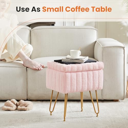 OLIXIS Vanity Stool Chair Faux Fur with Storage, Soft Ottoman 4 Metal Legs with Anti-Slip Feet, Makeup Cute Soft Small Footstool, Modern Style Faux Fur Seat for Makeup, Bedroom Dresser, Blush - Image 6