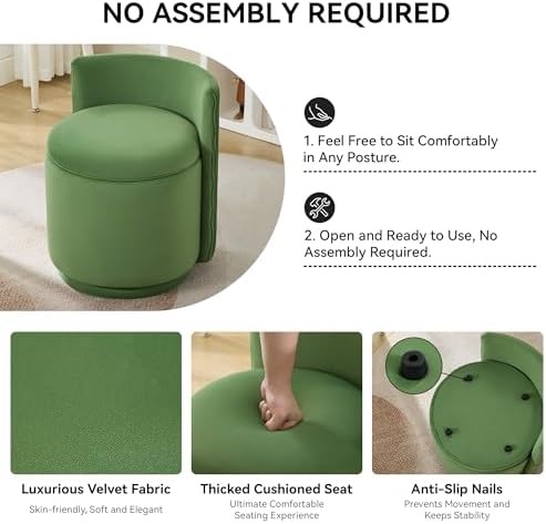 WUTUTUEE Velvet Vanity Chair with Storage, 360° Swivel Makeup Chair with Wave Back, No Assembly Small Accent Stool for Bedroom, Dressing, Living Room, Green - Image 4