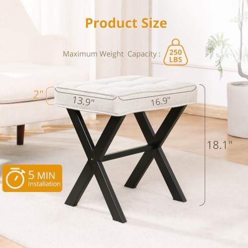 LUE BONA Ottoman Foot Stool Vanity Stool, Square Linen X-Leg Foot Rest Ottoman Makeup Stool, Small Stool Chair for Vanity, Modern Padded Vanity Seat for Makeup Room, Living Room, Bathroom, Linen Color - Image 2