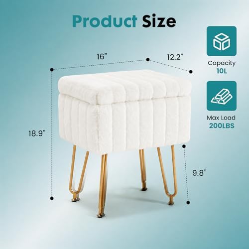 OLIXIS Vanity Stool Chair Faux Fur with Storage, Soft Ottoman 4 Metal Legs with Anti-Slip Feet, Makeup Cute Soft Small Footstool for Makeup, Cute Small Footrest for Dressing Table - Image 2