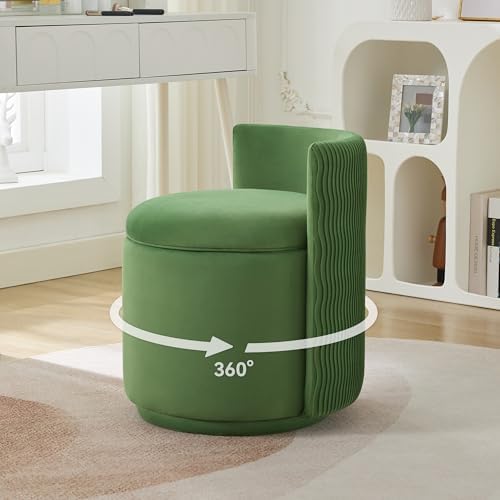 WUTUTUEE Velvet Vanity Chair with Storage, 360° Swivel Makeup Chair with Wave Back, No Assembly Small Accent Stool for Bedroom, Dressing, Living Room, Green by WUTUTUEE