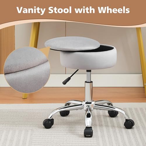 Adjustable Vanity Stool Storage Swivel Rolling Vanity Chair with Wheels - Image 3