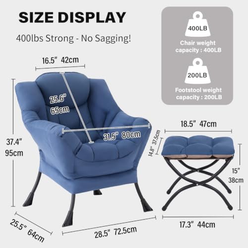 Tiita Lazy Chair with Ottoman, Comfy Reading Accent Chair, Blue - Image 2
