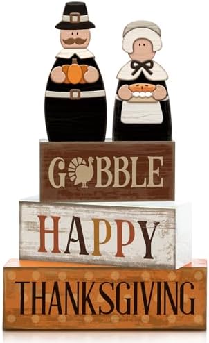Lineshading 4 Pcs Thanksgiving Pilgrim Decor Wooden Block Signs Tray Set by Lineshading