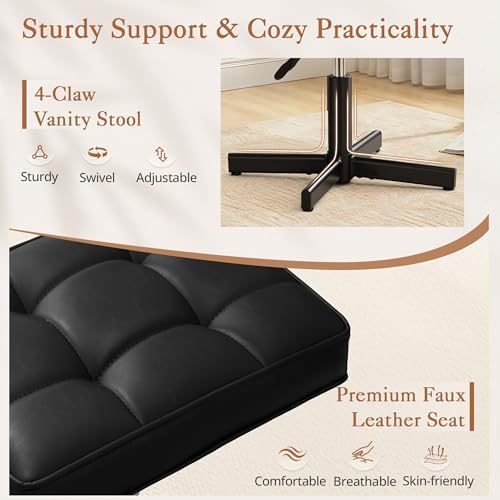 LUE BONA Adjustable Vanity Stool, Foot Rest Under Desk, 360° Swivel Vanity Chair for Makeup Room, Black Upholstered Faux Leather Ottoman for Bathroom & Living Room, 300lbs - Image 4