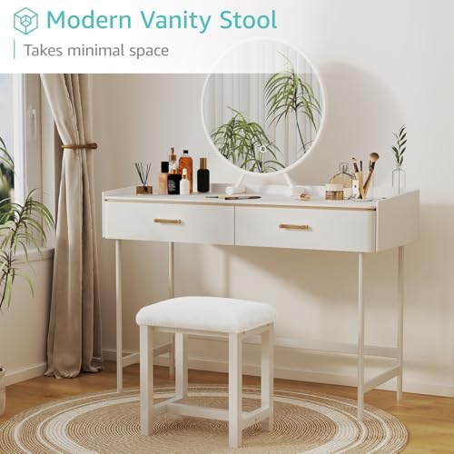 Small Plush Vanity Stool, Cute Vanity Stools with Soft Faux Rabbit Fur Cushion, White Makeup Vanity Chair for Small Spaces, Living Room, Bedroom, Entryway, Ottoman Foot Rest for Couch Sillas Modern - Image 5