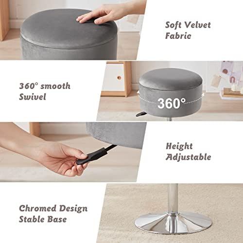 Adjustable Vanity Stool with Storage Swivel Vanity Chair Makeup Stool Grey - Image 6
