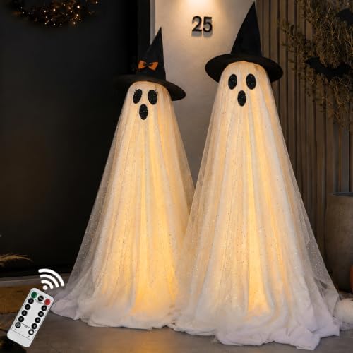 2Packs Halloween Decorations Outdoor,Halloweens Party Decoration Indoor,59in Spooky Ghost with Remote Control String Lights,Halloween-Ghost Lights for Porches Yards Gardens Lawn by AYGXU