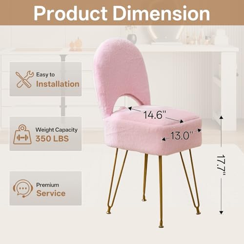 Gitrah Pink Vanity Chair with Storage, Folding Back Faux Fur Vanity Stool, Makeup Ottoman with Gold Legs for Bedroom/Bathroom - Image 2