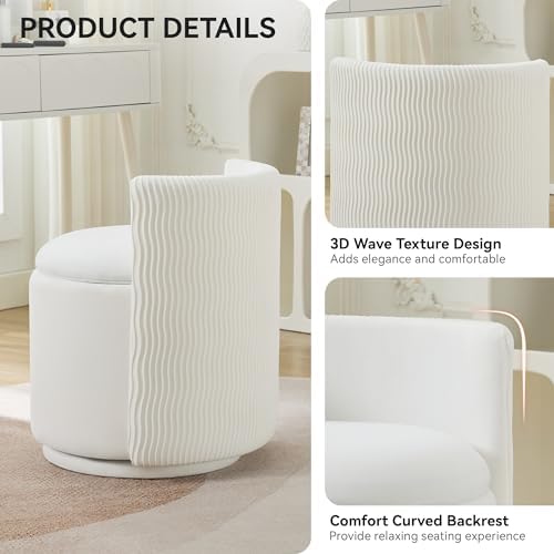 WUTUTUEE Velvet Vanity Chair with Storage, 360° Swivel Makeup Chair with Wave Back, No Assembly Small Accent Stool for Bedroom, Dressing, Living Room, White - Image 3