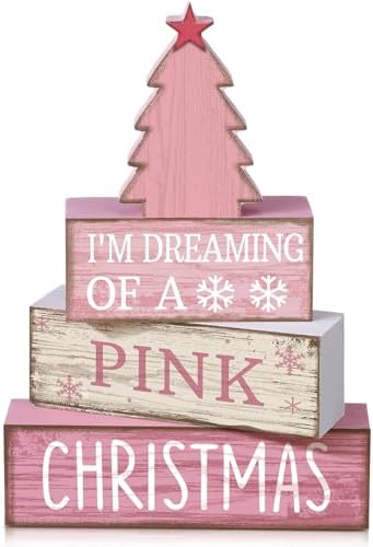 Lineshading 4 Pcs Pink Christmas Table Decor, Wooden Christmas Tree Signs by Lineshading