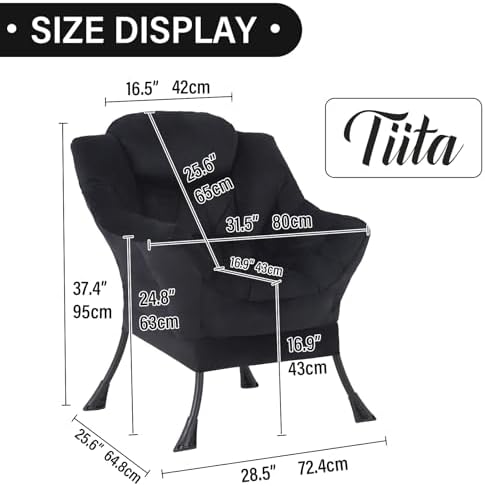 Tiita Lazy Chair, Black Modern Large Accent Armchair, Comfy Leisure Sofa Reading Chair for Bedroom, Living Room, Dorm Rooms, Garden and Courtyard, Black - Image 4