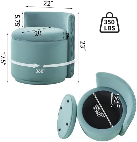 Large Velvet Vanity Chair, 360° Swivel Makeup Chair with Storage, Teal - Image 2