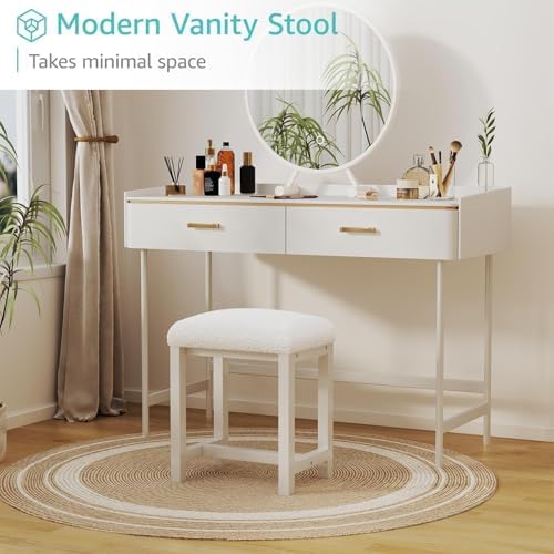 Small Faux Teddy Fur Vanity Stool, Cute Vanity Stools with Cushion, White Makeup Vanity Chair for Small Spaces, Living Room, Bedroom, Bathroom, Entryway, Ottoman Foot Rest for Couch Sillas Modern - Image 3