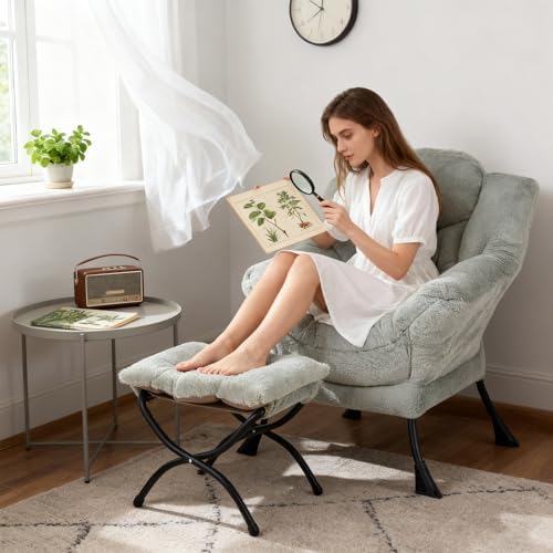 Welnow Lazy Chair with Ottoman, Reading Chair with Footrest, Light Green - Image 5