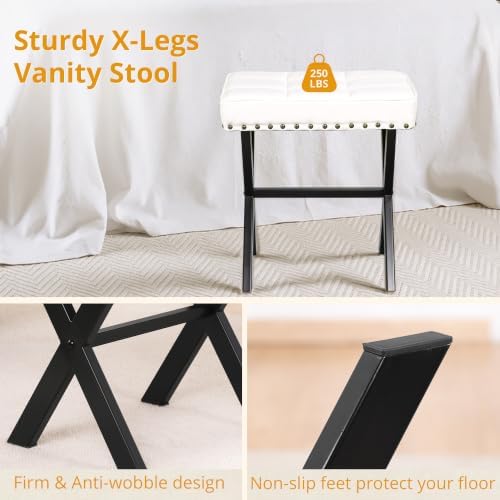 LUE BONA White Vanity Stool - Square Faux Leather Makeup Seat With Metal X Legs, Small Ottoman Chair for Makeup Room, Living Room, Bathroom - Padded Foot Rest - Image 7