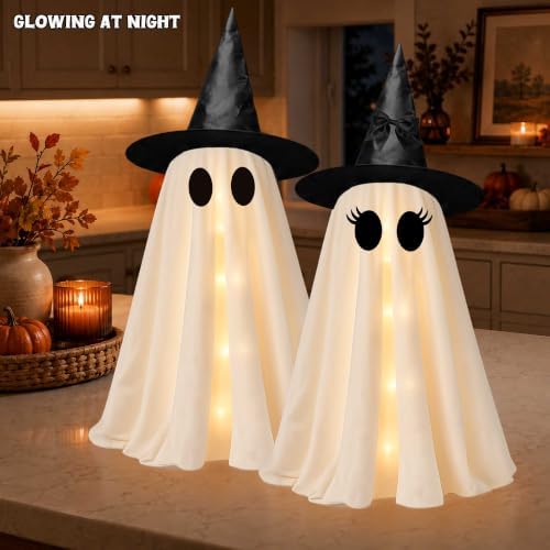 2 Pack 24 Inch Halloween Ghost Decorations, Light Up Ghosts with Witch Hats, DIY Spooky Ghost Decor with LED Lights for Porch Yard Lawn Garden Home Halloween Party - Image 4