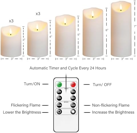Nimiko Flameless Candles with Remote, Battery Operated Flickering Flameless Candles, LED Candles with Timer 2/4/6/8H, with Realistic LED Candles Set of 9 (D3 x H 3" 4" 5" 6" 7") (White) - Image 3