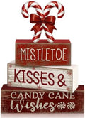 Lineshading 4 Pcs Christmas Table Decorations Wooden Candy Cane Decor Christmas Centerpiece Rustic Winter Tiered Tray Decor Red and White Candy Cane Block Signs Gift Xmas Decoration for Home Decors by Lineshading
