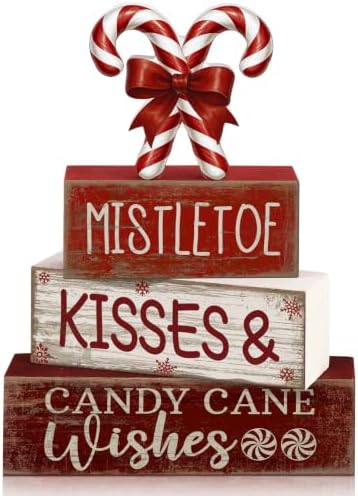 Lineshading 4 Pcs Christmas Table Decorations Wooden Candy Cane Decor Christmas Centerpiece Rustic Winter Tiered Tray Decor Red and White Candy Cane Block Signs Gift Xmas Decoration for Home Decors by Lineshading