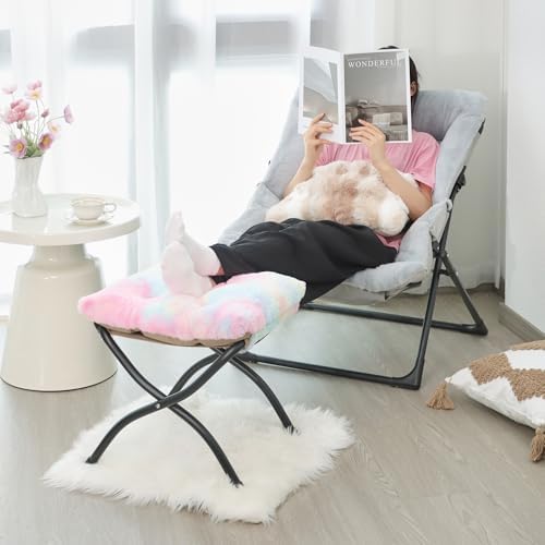 15"(H) Folding Ottoman, Foldable Footrest Stool, Portable Small Foot Stool for Couch, Collapsible Foot Rest Ottoman for Sofa, Accent Padded Ottomans for Living Room, Bedroom, Rainbow - Image 2