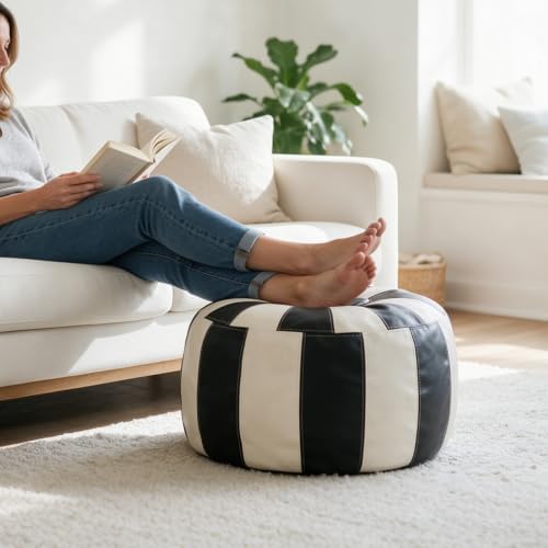 Thgonwid Unstuffed Moroccan Ottoman Pouf Cover, Ottoman Footstool Storage Solution, Bean Bag Chair, Foot Rest, Multi-Black&White - Image 6
