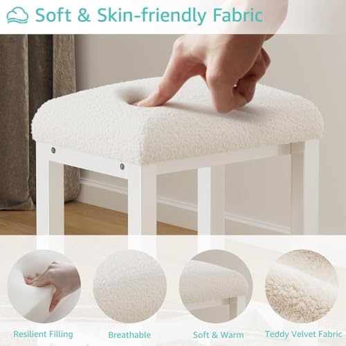Small Faux Teddy Fur Vanity Stool, Cute Vanity Stools with Cushion, White Makeup Vanity Chair for Small Spaces, Living Room, Bedroom, Bathroom, Entryway, Ottoman Foot Rest for Couch Sillas Modern - Image 6