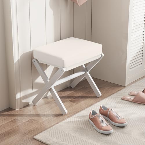 BAMBOOHOMIE Foldable Foot Stool Ottoman, Modern Foot Rest with Bamboo X Legs & Thick Foam Cushion, Folding Foot Stools Small Padded for Bedroom Living Room, Footstool for Chair Couch (White - White) - Image 6