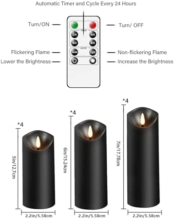 Nimiko Flameless Candles with Remote, Battery Operated Flickering Flameless Candles, LED Candles with Timer 2/4/6/8H, with Realistic LED Candles Set of 12 (D2.2 x H 5" 6" 7") (Black) - Image 3