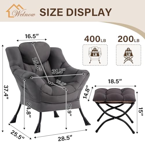 Welnow Lazy Chair with Ottoman, Reading Chair with Footrest,Dark Grey - Image 3