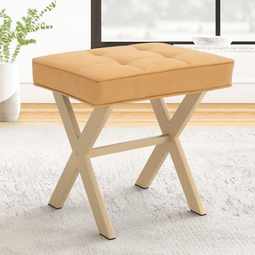 LUE BONA Vanity Stool, Square Linen Makeup Stool with Metal X Legs, Small Ottoman Stool Chair for Vanity, Modern Padded Vanity Seat Foot Rest Stool for Makeup Room, Bathroom, Honey Brown Color by LUEBONA