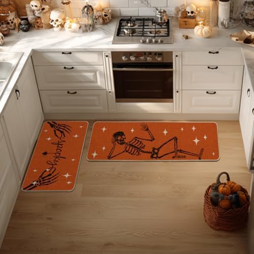 Artoid Mode Skeleton Orange Halloween Kitchen Mats Set of 2-17x29+17x47 - Image 2