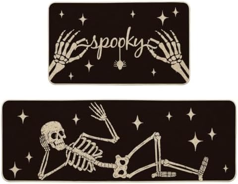 Artoid Mode Spooky Skeleton Spider Bone Black Halloween Kitchen Mats Set of 2, Black Home Decor Low-Profile Kitchen Rugs for Floor - 17x29 and 17x47 Inch - Image 3