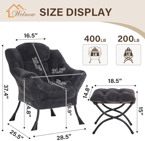 Welnow Lazy Chair with Ottoman, Reading Chair with Footrest, Navy Blue - Image 3
