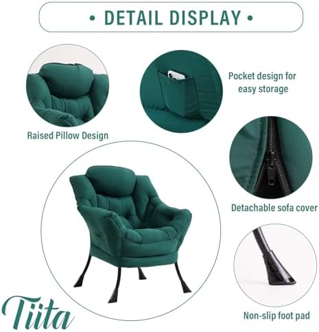 Tiita Lazy Chair, Green Modern Large Accent Armchair, Comfy Leisure Sofa Reading Chair for Bedroom, Living Room, Dorm Rooms, Garden and Courtyard, Green - Image 3