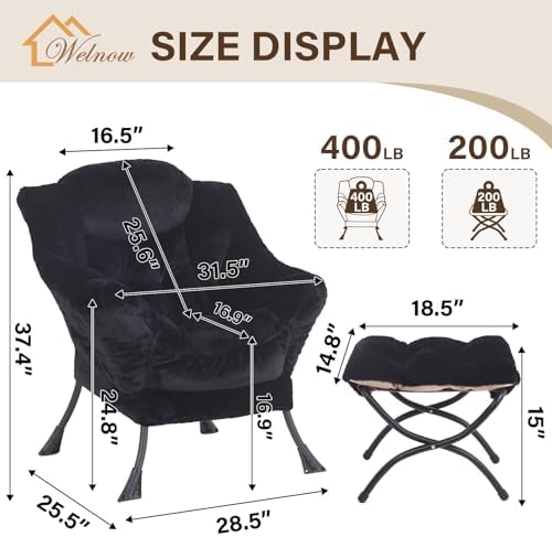 Welnow Lazy Chair with Ottoman, Reading Chair with Footrest, Jet Black - Image 3