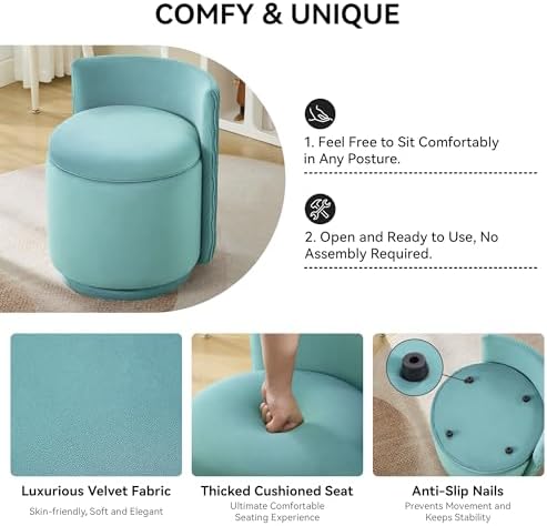 WUTUTUEE Velvet Vanity Chair with Storage, 360° Swivel Makeup Chair with Wave Back, No Assembly Small Accent Stool for Bedroom, Dressing, Living Room, Teal - Image 4